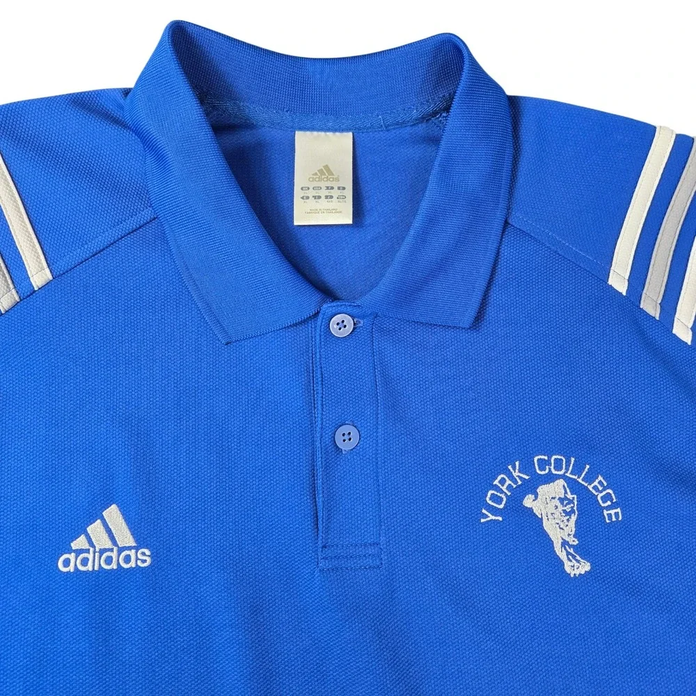 Adidas York College Polo Shirt Mens XL Blue Climalite Short Sleeve 3 Stripe Logo